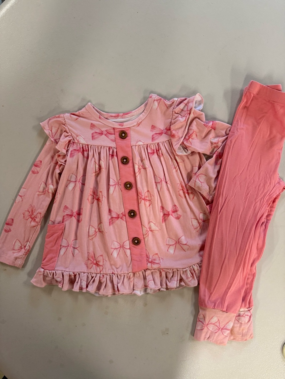 Girls Pink Bow Print Pajama Set - Button-Front Top & Matching Leggings